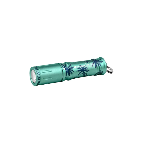 Olight 민트색 I3E EOS 야자수 패턴 렌턴 정면 클로즈업, 비상용 휴대용 LED 미니 손전등
