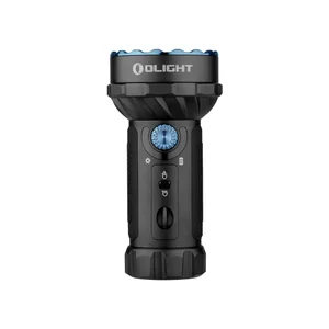 Olight Marauder 2 검정색 LED 손전등, 파란색 악센트, 전력량 및 배터리 표시기