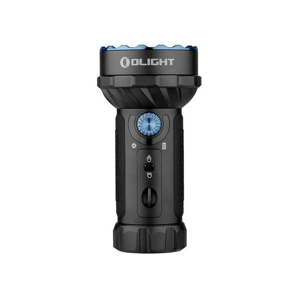 Olight Marauder 2 검정색 LED 손전등, 파란색 악센트, 전력량 및 배터리 표시기