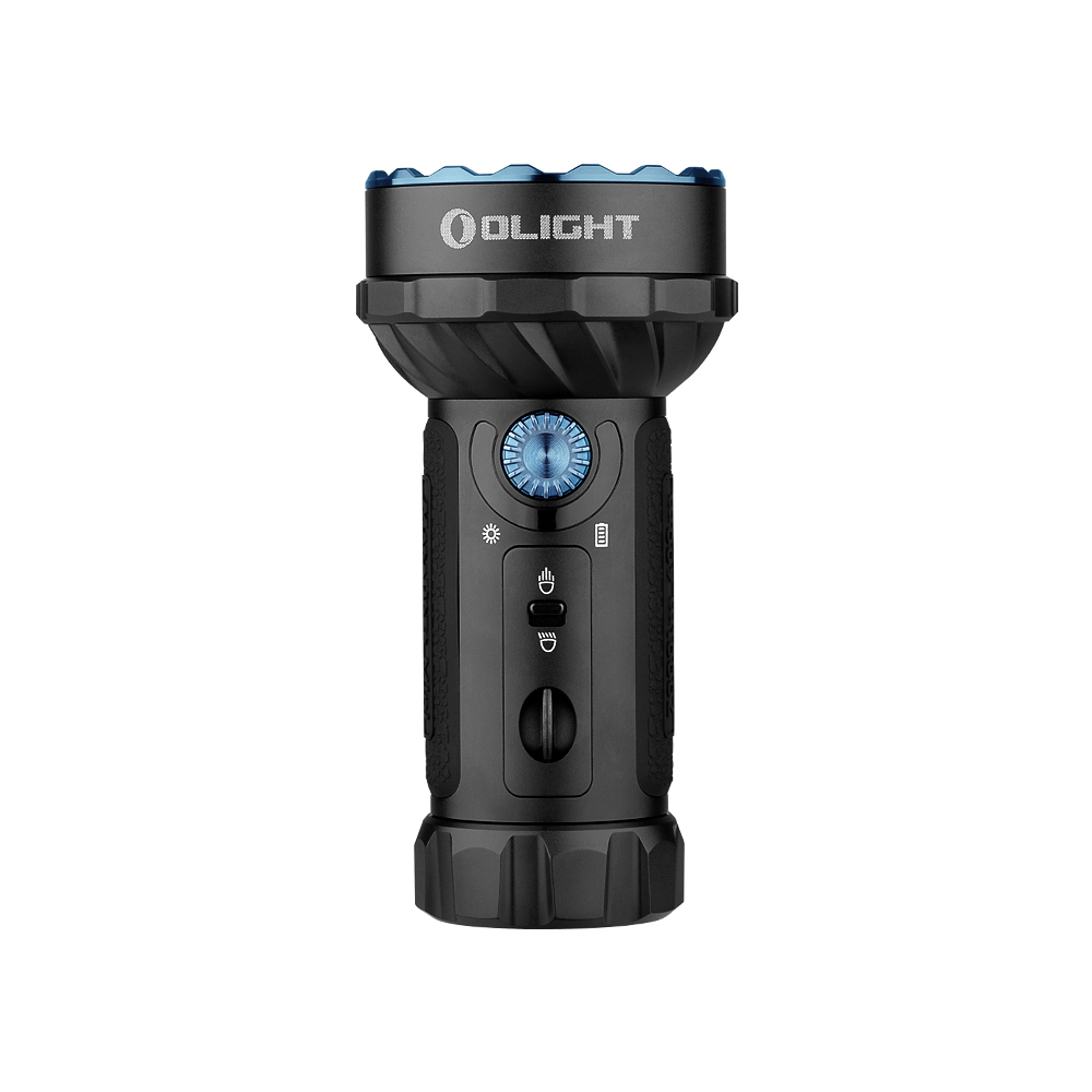 Olight Marauder 2 검정색 LED 손전등, 파란색 악센트, 전력량 및 배터리 표시기