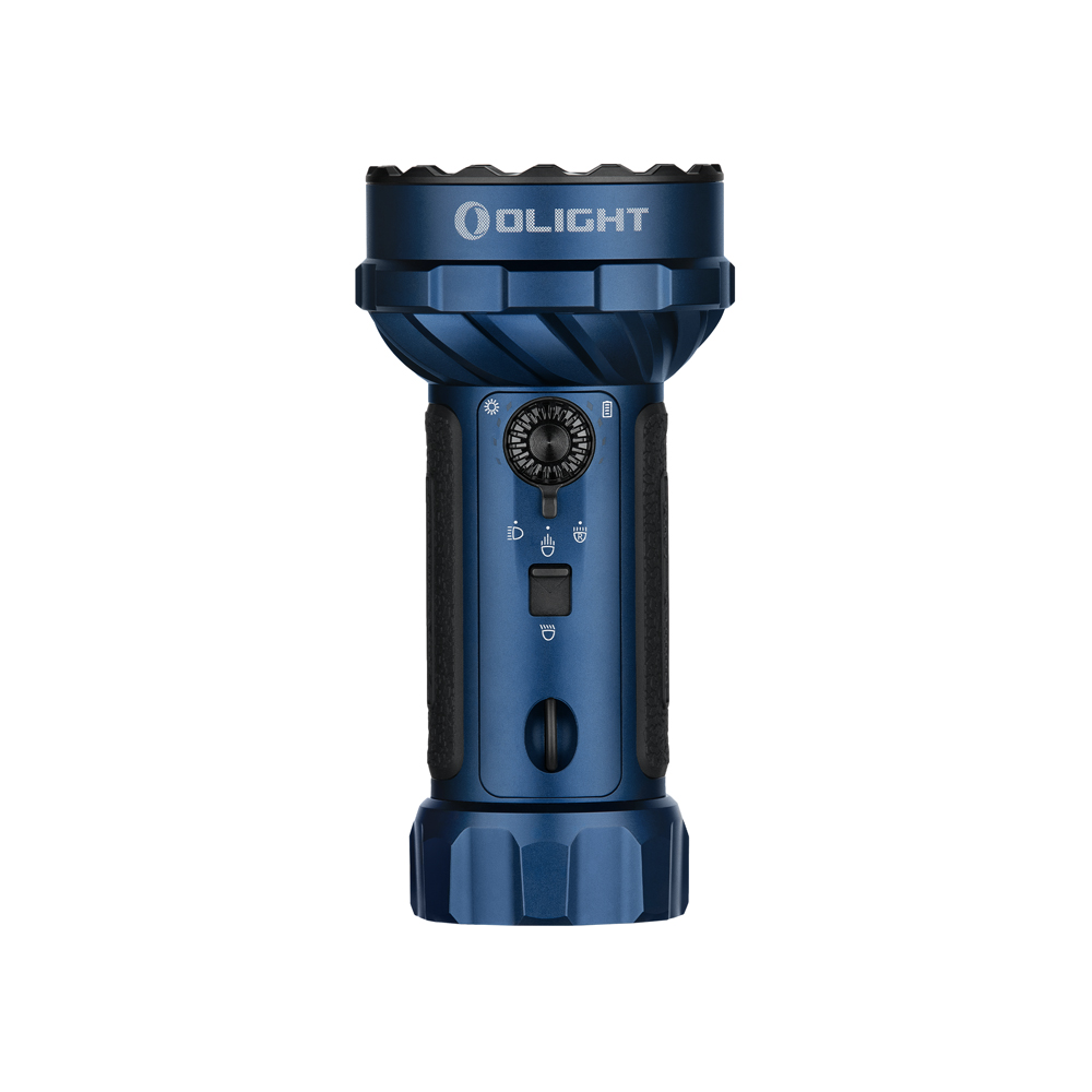 Olight Blue Marauder Mini 2 전면, 야외 비상 사용을 위한 집약 조명 및 확산 조명 모드