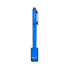 파란색 Olight O Pen Glow 펜 라이트가 어두운 배경에 세로로 서 있습니다.