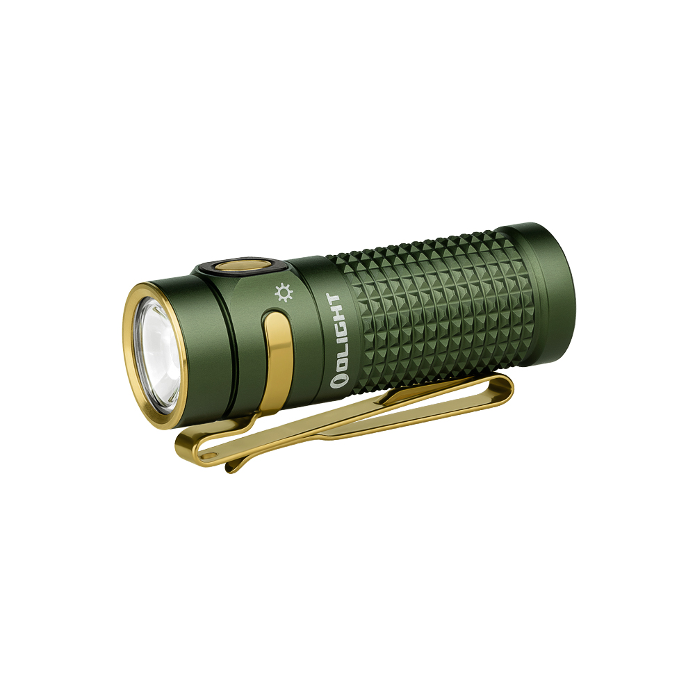 Olight 그린 Baton 4 플래시라이트 측면, 질감 있는 그립과 포켓 클립으로 편리한 휴대 및 사용