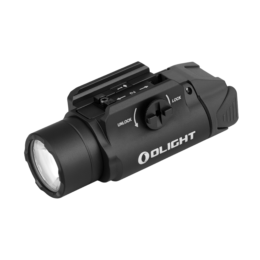 Olight 전술용 손전등, 흰색 배경에 검은색 소형 무기 장착형 라이트, 안전 잠금 장치 포함