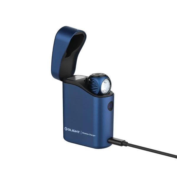 Olight 파란색 Perun 3 Mini 충전기 정면, 무선 충전 케이스 및 USB 충전 케이블이 보이는 디자인
