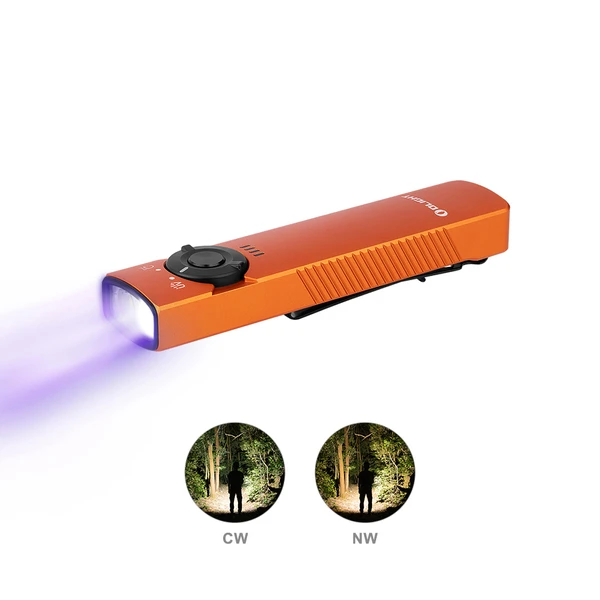주황색 손전등, 흰색과 보라색 광선, 숲속 사람의 두 가지 광원 효과(CW, NW)를 보여줍니다.