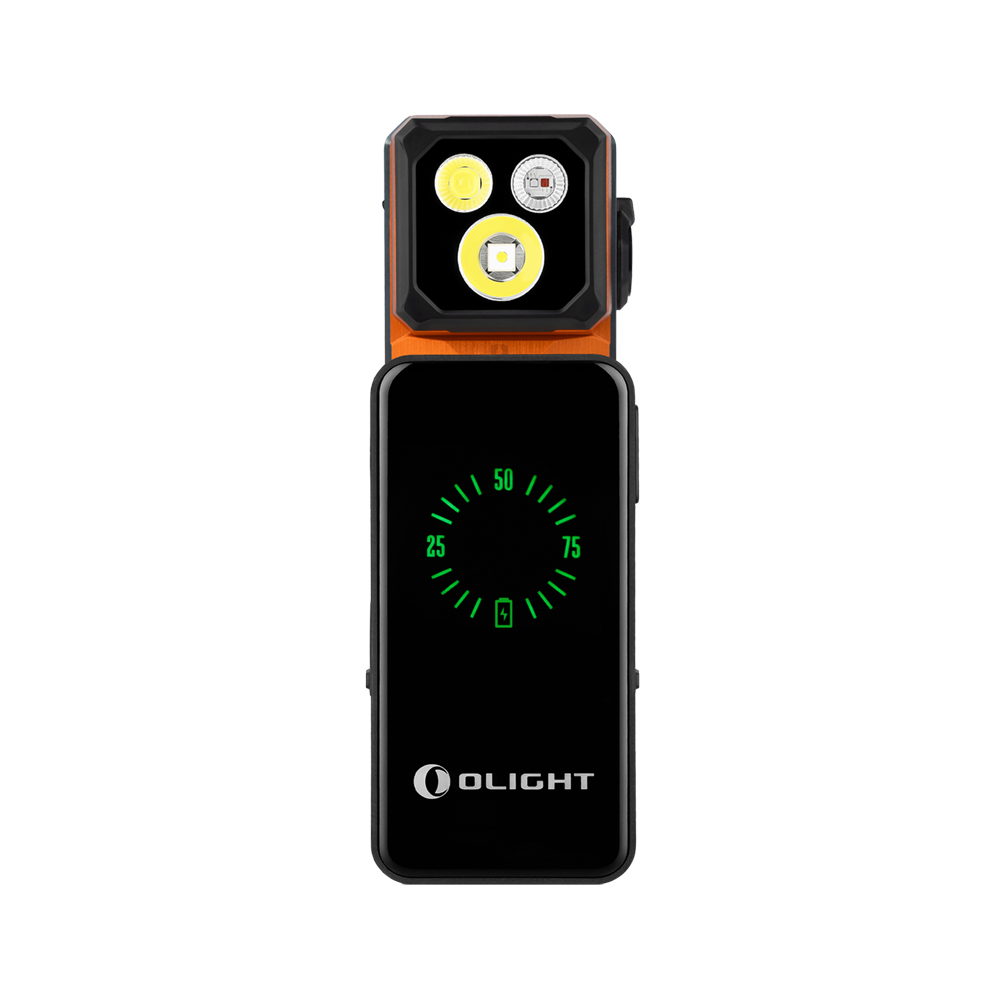 오라이트 Olight 오렌지 Oclip 2 Ultra Premium 미니 클립 라이트의 LED 라이트와 스마트 배터리 디스플레이 정면 샷