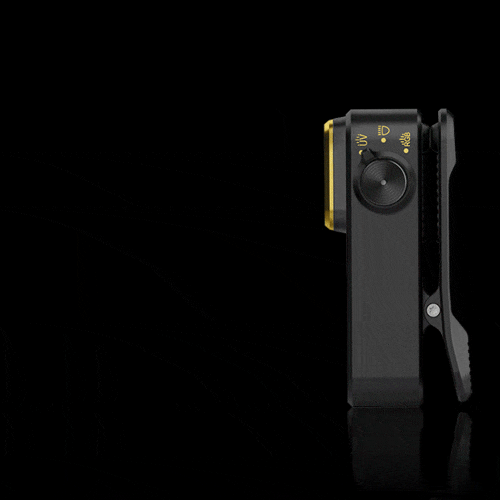 검은색 배경에 검은색 바디와 금색 악센트가 있는 멀티 컬러 토치 라이트