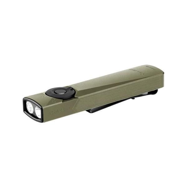 Olight 올리브 그린 Arkfeld Ultra 플래시라이트 측면, 듀얼 라이트와 포켓 클립으로 휴대 및 야외 사용.
