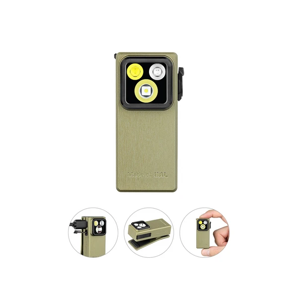 Olight 올리브색 Oclip Ultra 전면 뷰는 텍스처 처리된 케이스와 강력한 LED 손전등을 보여줍니다.