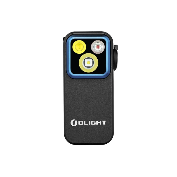 Olight Oclip Pro 검정색 클립형 손전등 전면 모습, 여러 개의 LED와 질감 있는 바디로 휴대성과 다용도성을 높였습니다.