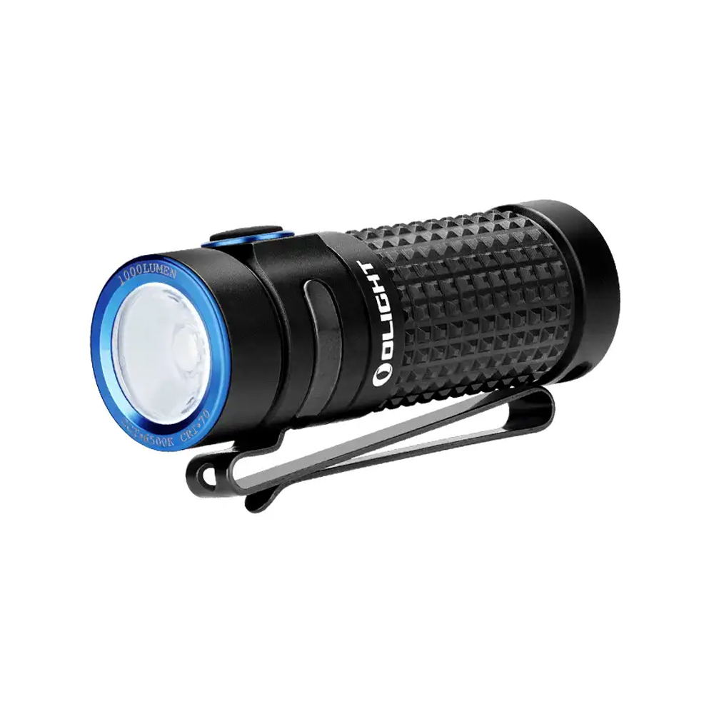 검은색 OLIGHT 1000 루멘 휴대용 손전등, 파란색 링과 포켓 클립