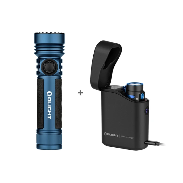 파란색 올라이트 시커 4 플래시라이트와 무선 충전기가 포함된 세트